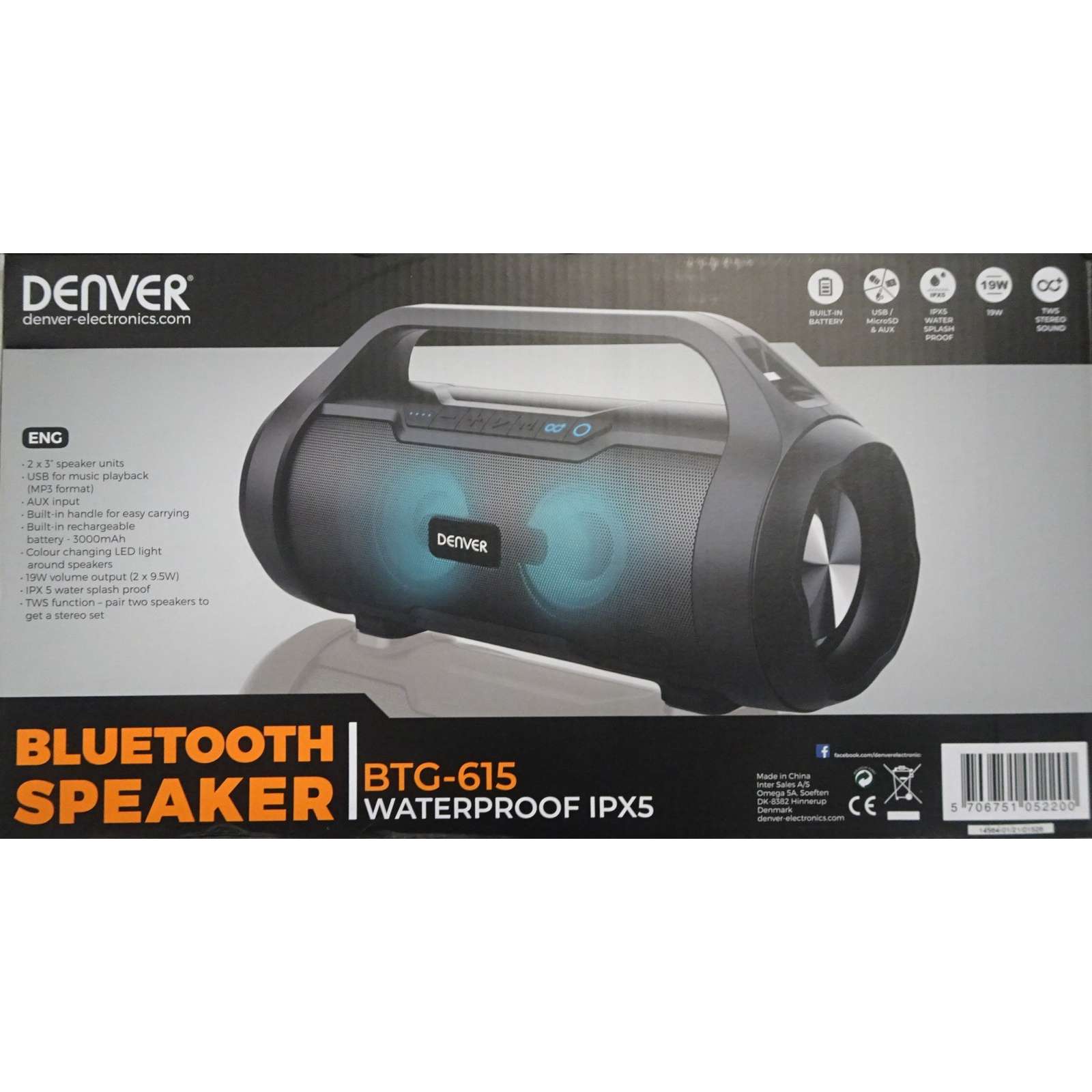 Denver BTS-300 Bluetooth-Lautsprecher – 2x15 Watt, AUX-Eingang, Kabellos, Kompakt