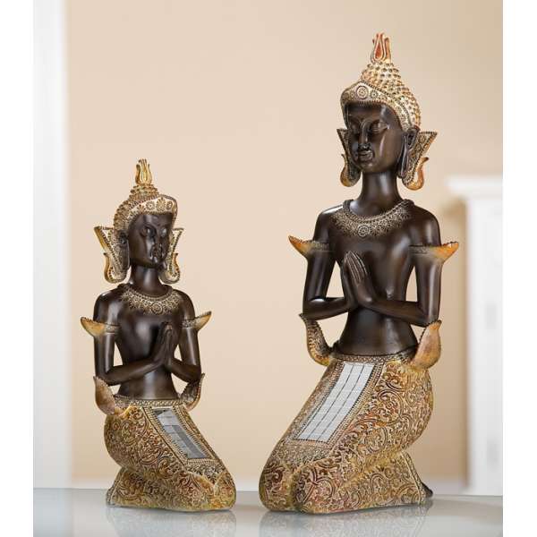 Poly Thai Buddha kniend braun, gold mit Spiegelmosaik