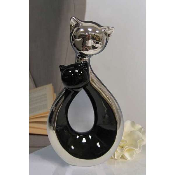 Figur "Cats" aus Keramik · schwarz/silber Figur mit 2 Katzenköpfen